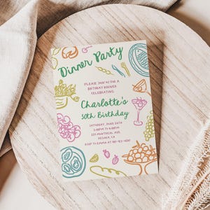 May include: A colorful invitation for a dinner party celebrating Charlotte's 30th birthday. The invitation features a hand-drawn illustration of food and drinks, including a martini glass, grapes, and a fish.