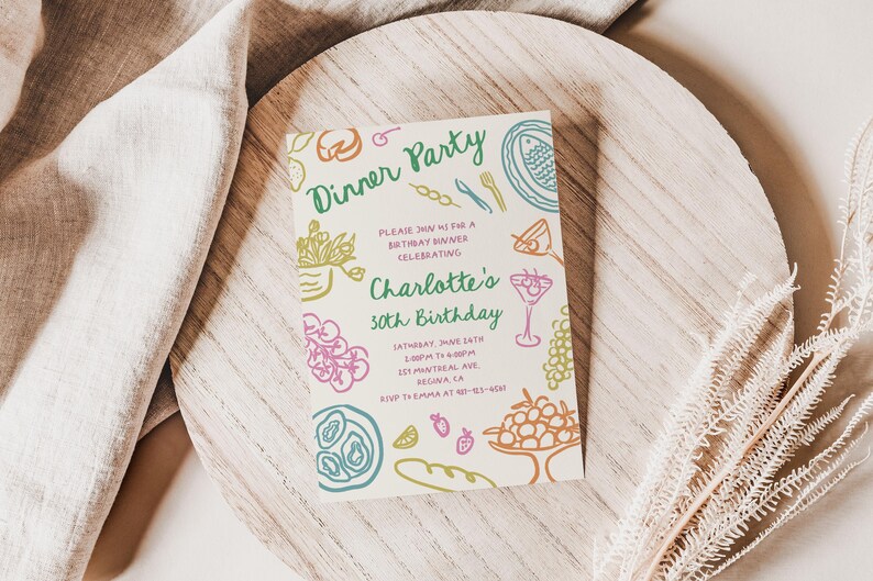 May include: A colorful invitation for a dinner party celebrating Charlotte's 30th birthday. The invitation features a hand-drawn illustration of food and drinks, including a martini glass, grapes, and a fish.