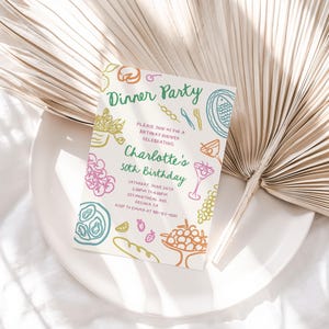 May include: A colorful invitation for a dinner party celebrating Charlotte's 30th birthday. The invitation features a hand-drawn illustration of food and drinks, including grapes, a baguette, a cocktail, and a plate of fruit. The text reads "Dinner Party" and "Please join us for a birthday dinner celebrating Charlotte's 30th Birthday".