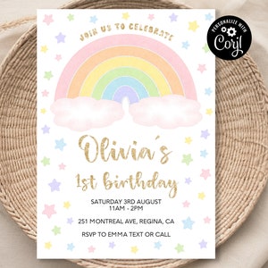 Editable Rainbow Birthday Invitation Rainbow Invite Colorful Rainbow Girl&#39;s Party Invite Rainbow of Fun Pastel Colors & Gold