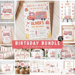 Peut inclure: Un lot de fête d'anniversaire imprimable sur le thème du camion de pompiers. Le lot comprend une pancarte de bienvenue, une pancarte de remerciement, une invitation, une pancarte personnalisée, une bannière, des décorations de cupcakes et plus encore. Le design présente un camion de pompiers rouge avec des flammes jaunes et un style aquarelle.
