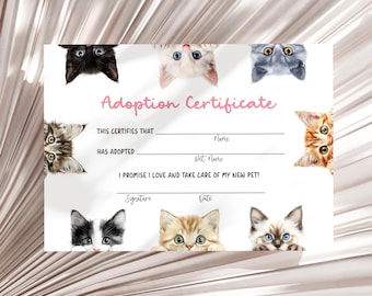 Adoption Certificate Template Kitten Adoption Card Table Decor Adopt A Cat Party Adopt A Kitten Card Vet Pawty Decor Download Printable C8