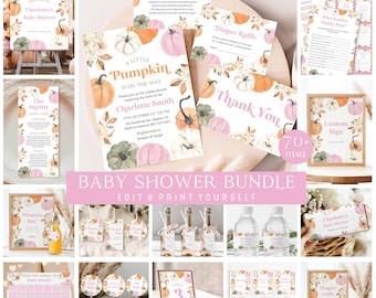 May include: A baby shower bundle with a pumpkin theme. The bundle includes invitations, games, menu cards, thank you cards, and more. The color palette features orange, pink, and green pumpkins with floral accents. The text "Baby Shower Bundle" is displayed.