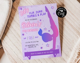 Peut inclure: Invitation d'anniversaire violette et rose avec une silhouette d'une fille faisant un poirier sur une poutre violette. Le texte indique "Let's Flip, Jump, Tumble & Play as we celebrate Olivia's 7th Birthday. Sat | 12 | July 1:30 PM to 5:00 PM 251 Montreal Ave, Regina, CA RSVP to Emma at 987-123-4567"