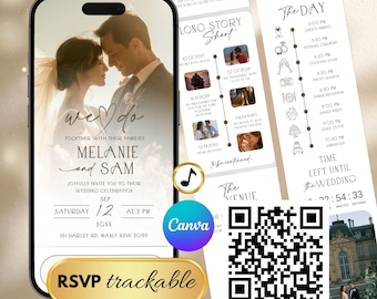 Digital Wedding Website Invitation with RSVP, Music & Timeline – Editable Canva Template