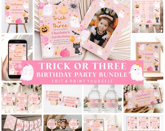 May include: A pink Halloween-themed birthday party bundle with the text "Trick or Three." The set includes invitations, signs, cupcake toppers, water bottle labels, and a banner. Designs feature ghosts, pumpkins, bats, and a black cat.