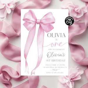 Pink Bow 1st Birthday Invitation Girl First Birthday Template Pink Coquette Bow Invitation 1st Birthday Girl Invite Bow Invite