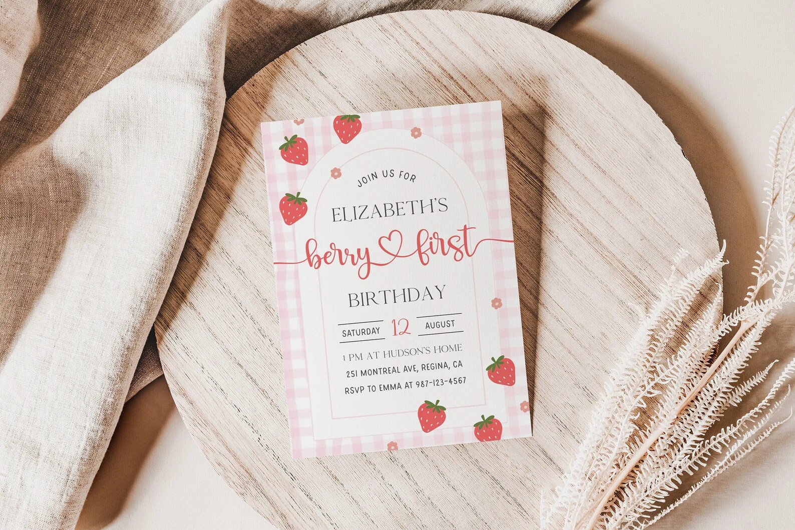 Editable Pink Gingham Berry First Birthday Bundle Template Berry First ...