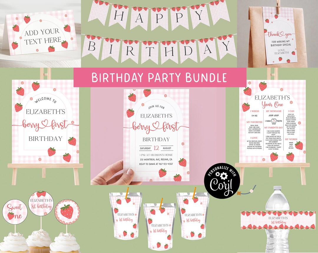 Editable Pink Gingham Berry First Birthday Bundle Template Berry First ...