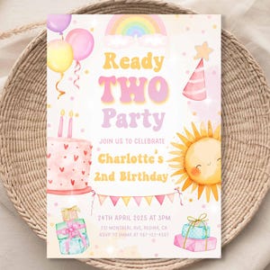 Ready Two Party Invitation Template Girl 2nd Birthday Invite Spring Party Invitation Retro 2 Year Old Second Birthday Toddler Birthday RT1