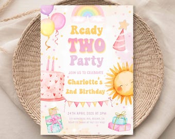 Plantilla de invitación para dos fiestas, invitación para el segundo cumpleaños de una niña, invitación para fiesta de primavera, invitación retro para el segundo cumpleaños de un niño de 2 años, cumpleaños de un niño pequeño RT1