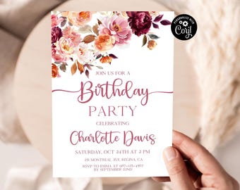 Fall Floral Birthday Invitation, Burgundy & Orange (Digital Download)