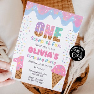 Editable Ice Cream Birthday Invitation Three Scoops of Fun 1st Birthday Party Invitation Template Instant Download First Birthday IC1