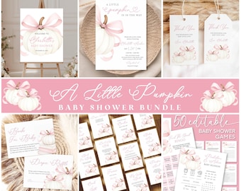 Fall Baby Shower Bundle, Pink Bow Pumpkin Invitation Pack (Editable Download) P30