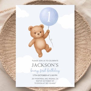 Beary Erster Geburtstag Einladung Vorlage Beary Erste Einladung Digitale Einladung Junge Teddybär Jungen 1