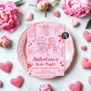 May include: Pink and red Valentine's Day party invitation with a graphic of two hands holding up glasses of champagne. The text reads "Join us for a Galentine's Girls Night 14th of February at 7:00 PM The Cupid Bar 1st Montreal Ave, Regina CA RSVP to Emma at 481-123-4561"