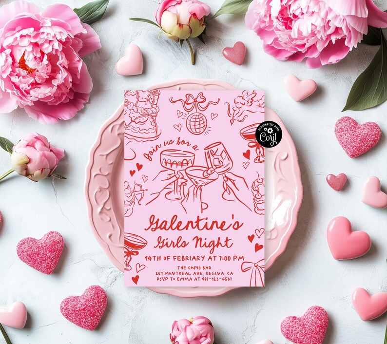 May include: Pink and red Valentine's Day party invitation with a graphic of two hands holding up glasses of champagne. The text reads "Join us for a Galentine's Girls Night 14th of February at 7:00 PM The Cupid Bar 1st Montreal Ave, Regina CA RSVP to Emma at 481-123-4561"