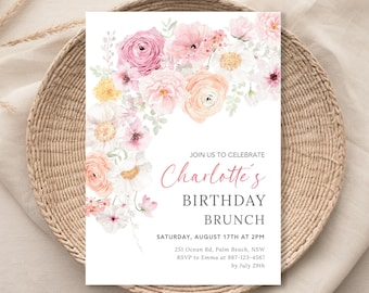 Birthday Brunch Invitation Template Spring Flowers Summer Wildflowers Birthday Party Bohemian Invite Boho Floral Birthday Dinner Invitation