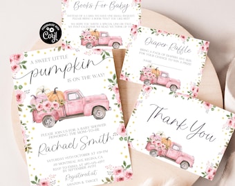 Pink Truck Baby Shower Set Little Pumpkin Invite Fall Themed Baby Shower Party Girl Pumpkin Invitation Girl Baby Shower Bundle Autumn Shower