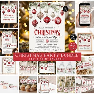Op de afbeelding: Een kerstfeestpakket met diverse printbare items. Inclusief uitnodigingen, menu's, barborden, voedseletiketten, cupcake toppers en meer. Ontwerpen bevatten rode en gouden ornamenten en groen. De tekst luidt "Christmas Dinner Party".