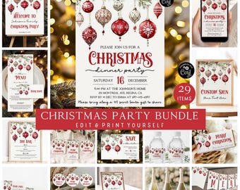 May include: A Christmas party bundle with various printable items. Includes invitations, menus, bar signs, food labels, cupcake toppers, water bottle labels, and more. Designs feature red and gold ornaments and greenery. The text reads "Christmas Dinner Party".