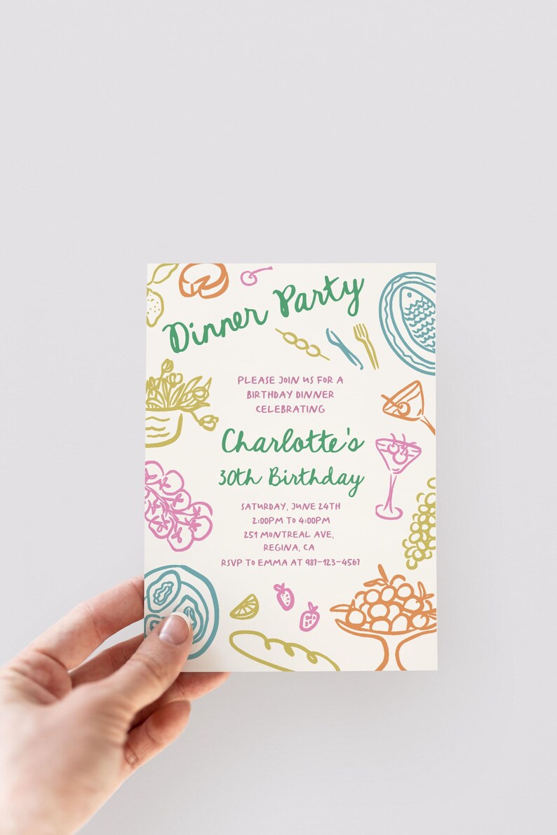 May include: A colorful invitation for a dinner party celebrating Charlotte's 30th birthday. The invitation features a hand-drawn design with food and drink illustrations. The text reads "Dinner Party" and includes the date, time, and location of the event. RSVP information is also included.