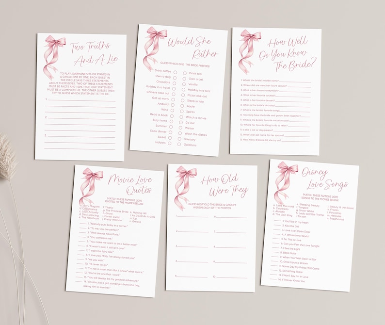 Paquete de juegos para despedida de soltera con lazo rosa / 30 juegos imprimibles (PDF) imagen 4