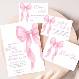 Pink Bow Baby Shower Bundle Invitation Template Pink Baby Shower Bow Bundle Girl Baby Shower Baby Girl Invite Pink Bow Invitation Bundle