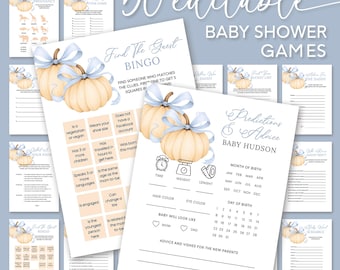 Fall Baby Shower Games Bundle, Blue Bow Pumpkin Party Game Pack (Editable Download)