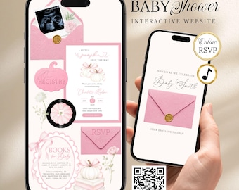 Little Pumpkin Baby Shower Website Invitation — Fall Pink Bow Theme, Editable Canva (Digital Download)