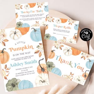 May include: A baby shower invitation with a watercolor pumpkin theme. The invitation features a blue, green, and white pumpkin design with fall leaves and flowers. The text reads "A Little Pumpkin is on the Way" and includes the name "Ashley Smith" and the date and time of the shower.