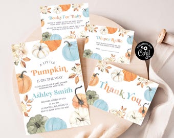 Blue Pumpkin Baby Shower Set Little Pumpkin Boy Pumpkin Invite Fall Themed Baby Shower Party Pumpkin Invitation Boy Baby Shower Set p14