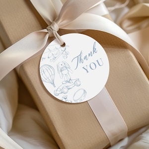 Plantilla de recuerdo de Toile de Jouy azul, etiqueta de agradecimiento para baby shower azul, etiqueta de regalo para baby shower azul polvoriento, etiqueta de recuerdo para bebé niño, recuerdos para invitados TJ1