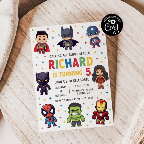 Plantilla editable de invitación de cumpleaños de superhéroes (descarga digital)