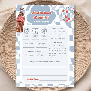 May include: A baby shower prediction and advice card with a retro theme. The card features a Coca-Cola bottle illustration, a disco ball, and a blue and white checkered pattern. Text includes "Predictions & Advice" and "Baby Hudson."