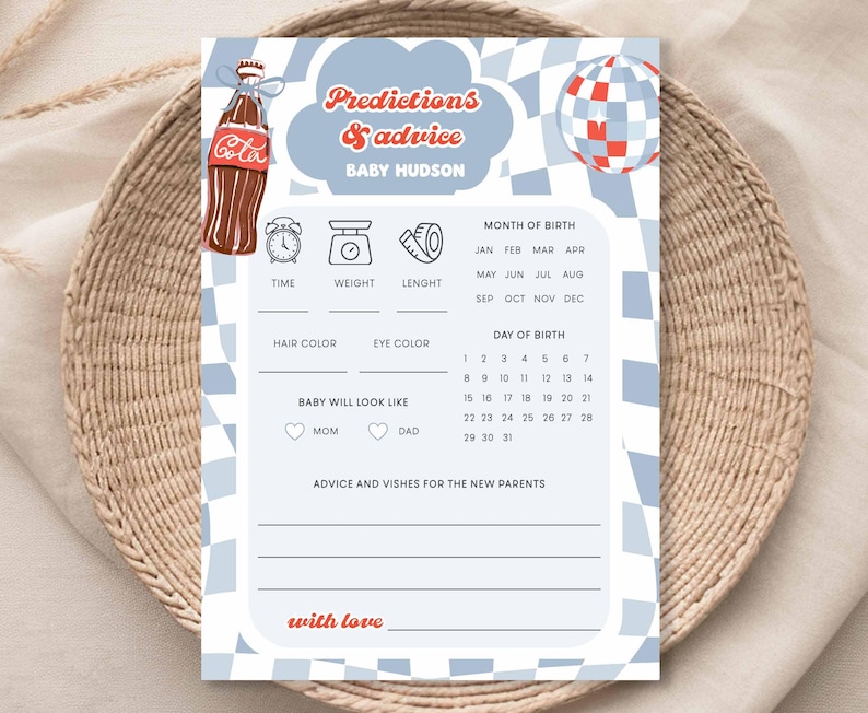 May include: A baby shower prediction and advice card with a retro theme. The card features a Coca-Cola bottle illustration, a disco ball, and a blue and white checkered pattern. Text includes "Predictions & Advice" and "Baby Hudson."