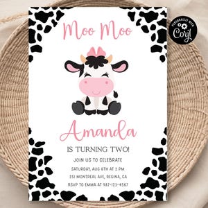Bewerkbare Moo Moo Im Two verjaardagsuitnodiging bewerkbare koe 2e verjaardag uitnodigen meisje boerenerf verjaardagsfeestje digitale download koe uitnodiging