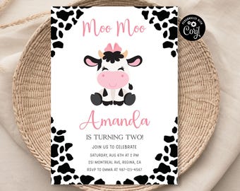 Invitation modifiable d'anniversaire de Moo Moo Im Two, 2e anniversaire de vache modifiable, Invitation de fête d'anniversaire de basse-cour de fille en téléchargement numérique, Invitation de vache