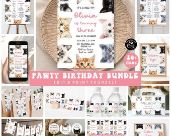 Kitty Cat Birthday Invitation Bundle, Kitten Adoption Signs (Digital Download)