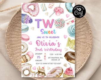 Editable Two Sweet Birthday Invitation 2nd Birthday Girl Donut Invitation Blush Pink Two Year Dessert Invite Download Printable Sweet Invite