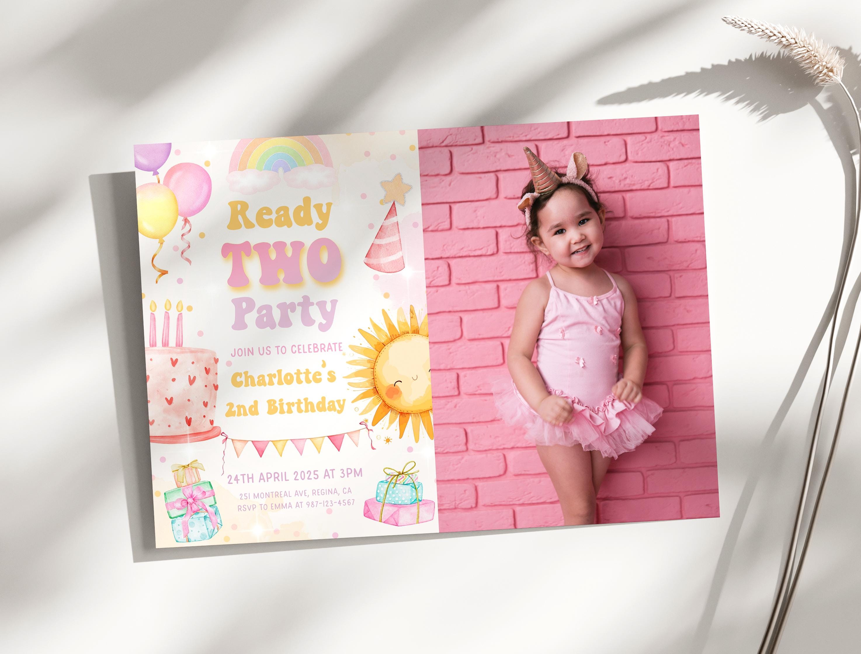 Ready Two Party Invitation Template Girl 2nd Birthday Invite Spring Horizontal Invitation 2 Year Old Second Birthday Toddler Birthday RT1