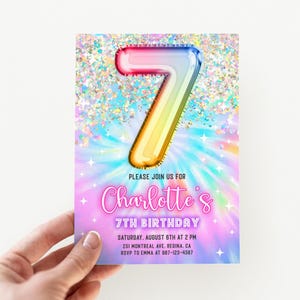 Glow 7th Birthday Invitation Template Glitter Birthday Party Invite Rainbow Foil Girl Seventh Birthday 7 Year Old Tie Dye Girl Party Invite