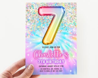 May include: A colorful invitation for a 7th birthday party. The invitation features a rainbow-colored number 7 balloon with glitter and a tie-dye background. The text on the invitation reads "Please join us for Charlotte's 7th Birthday, Saturday, August 6th at 2 PM, 251 Montreal Ave, Regina, CA, RSVP to Emma at 987-123-4567".