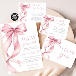 Rosa Bogen-Babyparty-Bundle-Baby-Mädchen-Rosa Kokette Rosa Babyparty-Set laden Babyparty-Einladung Mädchen kokett Bogen-Mädchen-Dusche-Set B13