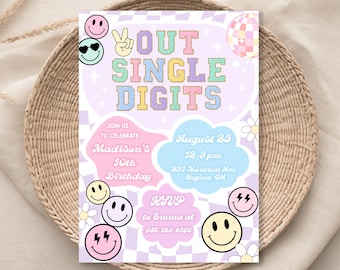 Hello Double Digits Birthday Invitation Template Groovy 10th Birthday Invite Out Single Digits Girl Teen Invite Varsity Patch Letter DD2
