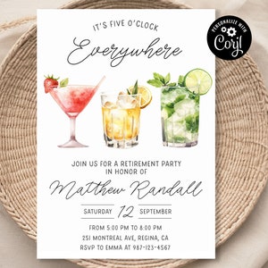 Invitation départ à la retraite modifiable il est cinq heures partout, carte d'apéritif modifiable pour adulte, fête d'adieu cocktail, je suis retraité