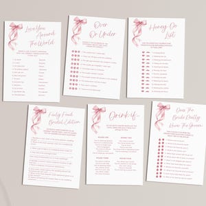 Puede incluir: Conjunto de tarjetas de juego de despedida de soltera imprimibles con dise&ntilde;os de cinta rosa. Los juegos incluyen "Love You Around the World", "Over or Under", "Honey Do List", "Faily Feud: Bridal Edition", "Drink If...", y "Does the Bride Really Know the Groom?"