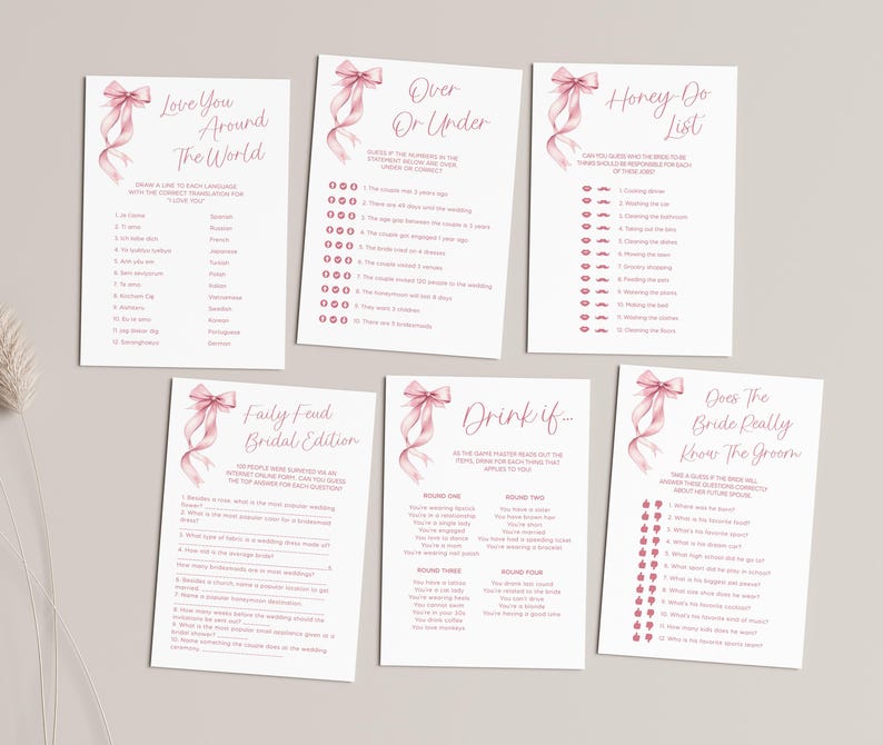 Puede incluir: Conjunto de tarjetas de juego de despedida de soltera imprimibles con dise&ntilde;os de cinta rosa. Los juegos incluyen "Love You Around the World", "Over or Under", "Honey Do List", "Faily Feud: Bridal Edition", "Drink If...", y "Does the Bride Really Know the Groom?"
