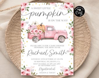 Pink Truck Pumpkin Baby Shower Invitation Set (Digital Download)