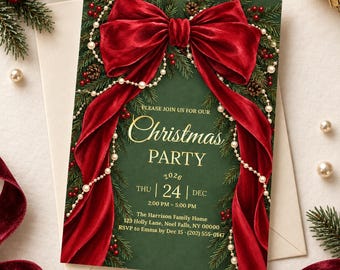 Editable Christmas Party Invitation, Red Bow, Green Gold, Holiday (Digital Download)